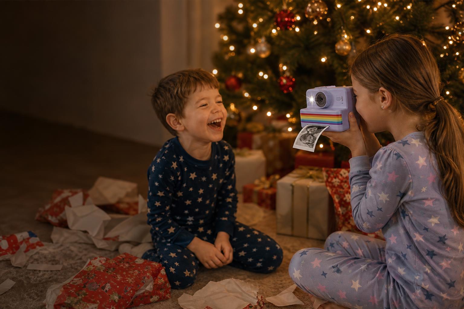 Zwei Geschwister fotografieren mit der Redlik-Kamera am Weihnachtsbaum
