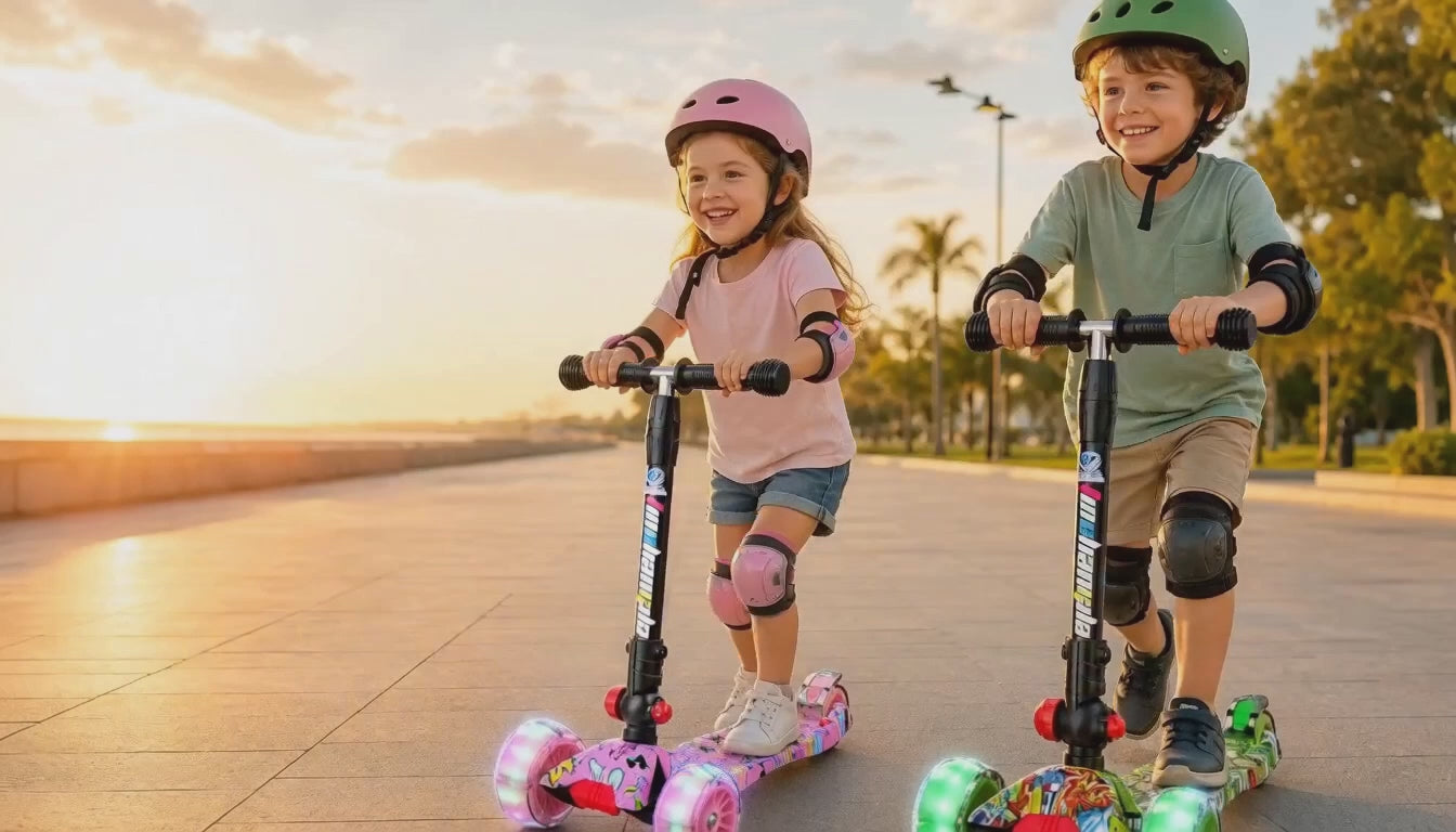 Niños paseando en patinetes Redlik con ruedas de luz al atardecer
