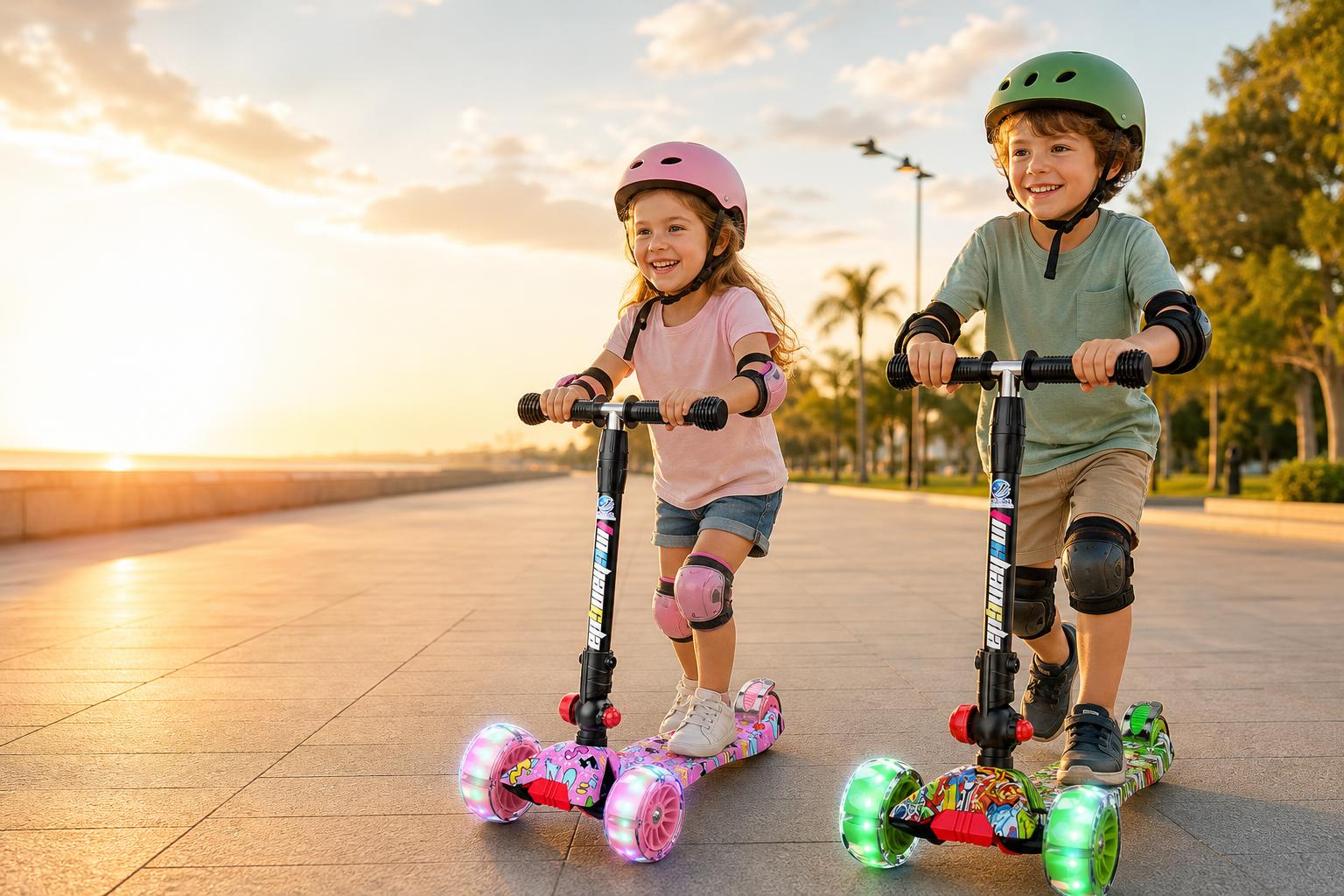 Dos niños paseando en sus patinetes Redlik al atardecer