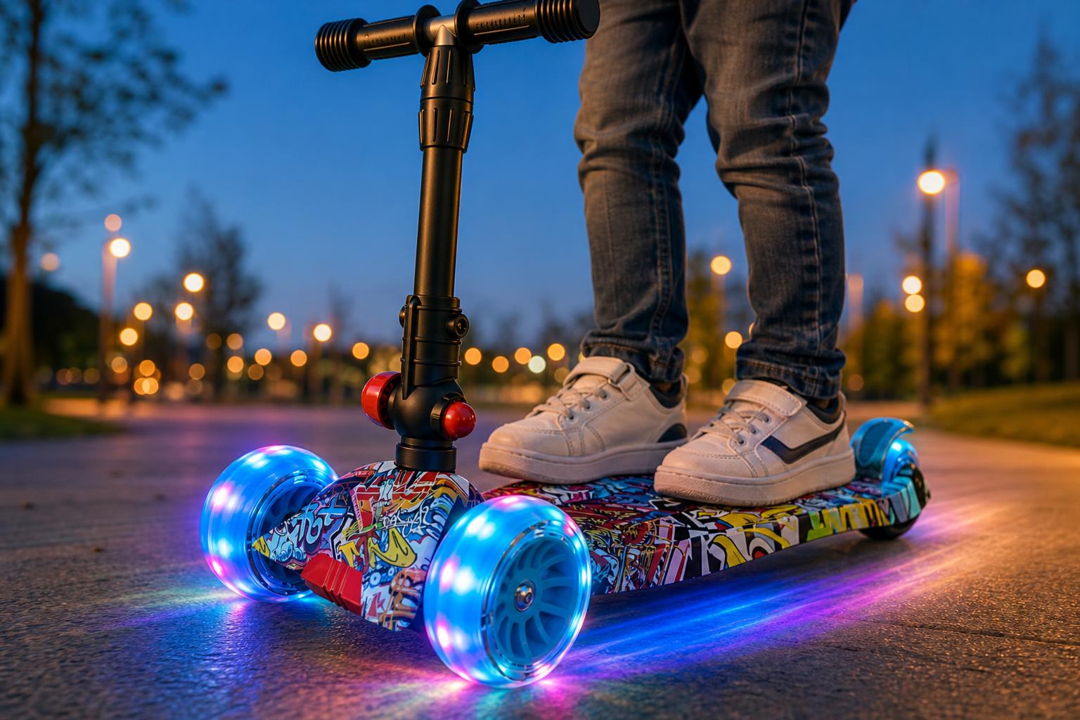 Ruedas del patinete Redlik iluminadas al anochecer